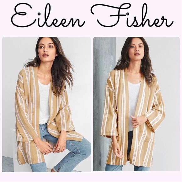 |EUC| EILEEN FISHER Striped Organic-Cotton Long Kimono Jacket - Picture 1 of 7